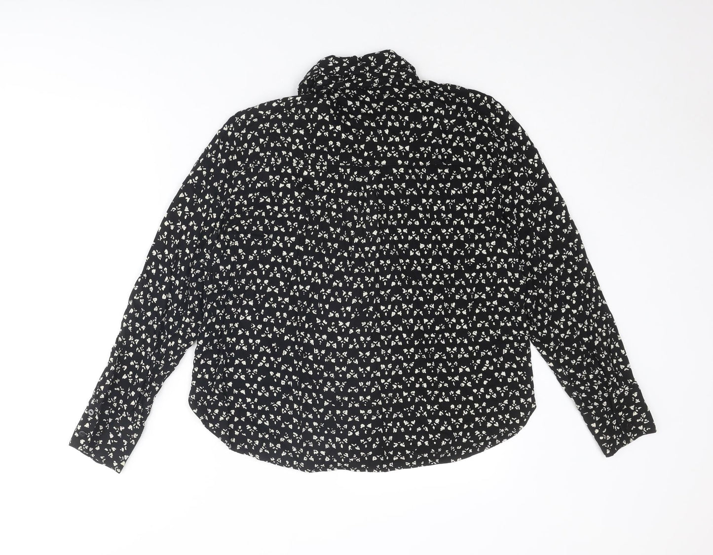 Zara Womens Black Geometric Viscose Basic Button-Up Size L Collared