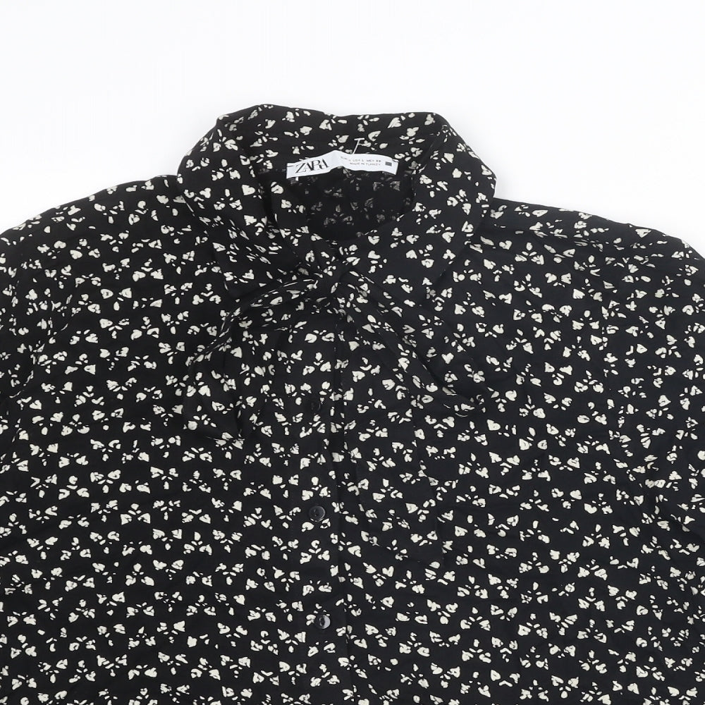 Zara Womens Black Geometric Viscose Basic Button-Up Size L Collared