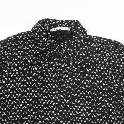 Zara Womens Black Geometric Viscose Basic Button-Up Size L Collared
