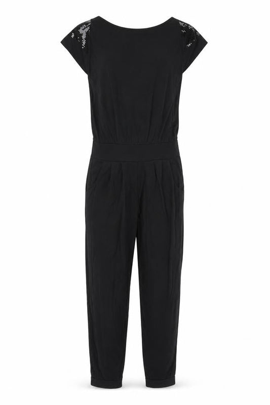 Front view of Red Herring girls’ black polyester jumpsuit one-piece, size 11, years, 23-inch leg button