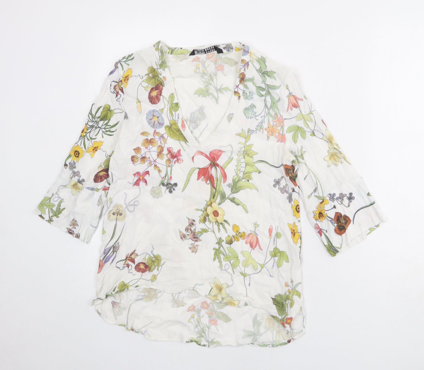 Zara Womens White Geometric Polyester Basic Blouse Size S V-Neck