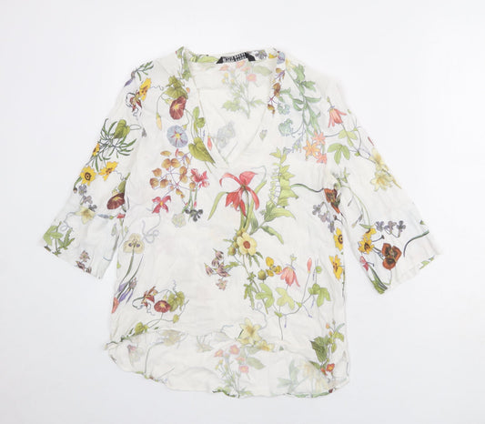 Zara Womens White Geometric Polyester Basic Blouse Size S V-Neck