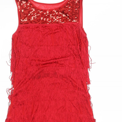 Close-up detail of Roman women’s red polyester tank dress, size UK 10, round neck pullover
