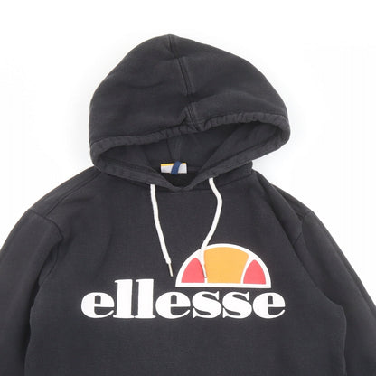 Close-up detail of Ellesse women’s black cotton pullover hoodie, size S, pullover - ellesse logo drawstring pocket