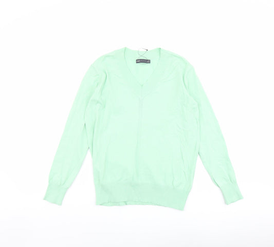 Marks and Spencer Womens Green V-Neck Cotton Pullover Jumper Size XS