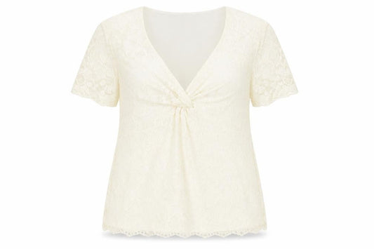 Front view of Kaleidoscope women’s ivory polyamide basic t-shirt, size UK 14, v-neck