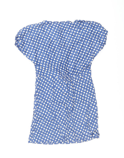 Zara Womens Blue Geometric Polyester A-Line Size S Round Neck Zip