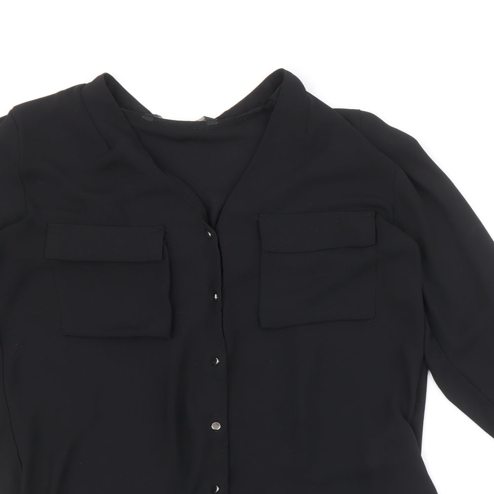 Zara Womens Black Polyester Basic Button-Up Size S V-Neck