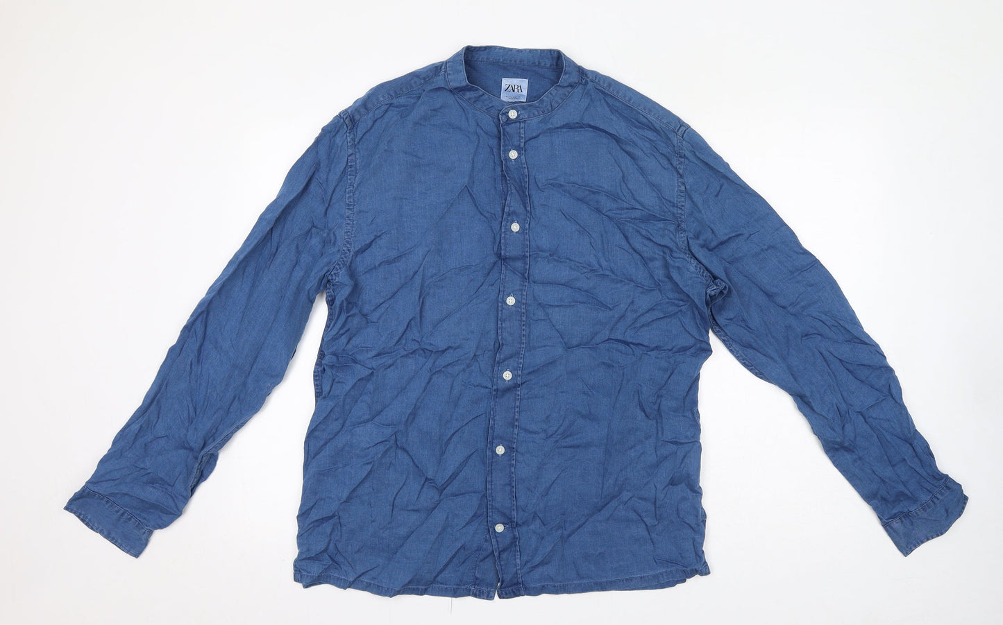 Zara Womens Blue Lyocell Basic Button-Up Size L Round Neck