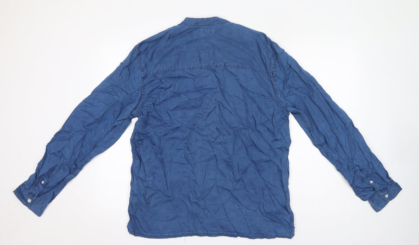 Zara Womens Blue Lyocell Basic Button-Up Size L Round Neck