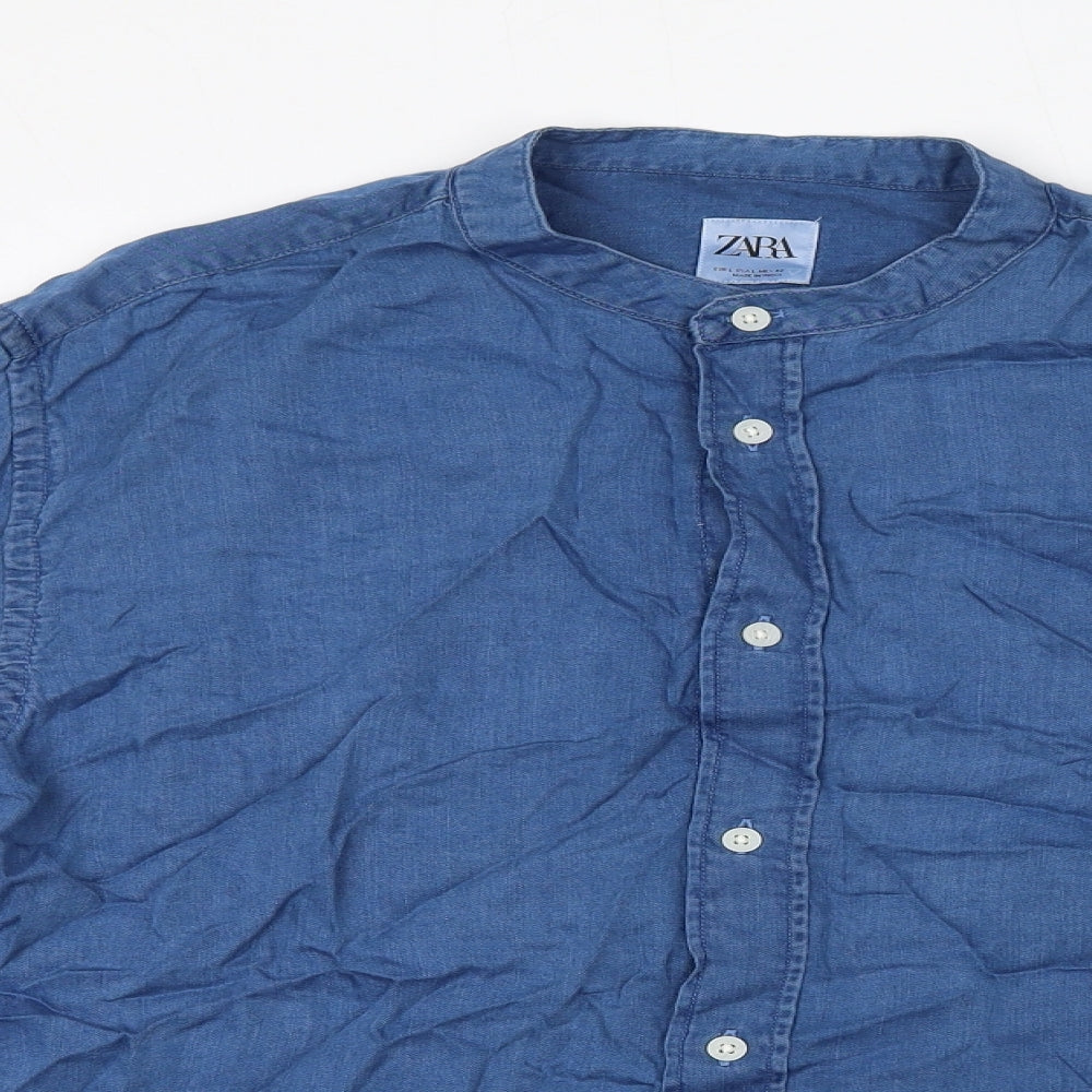 Zara Womens Blue Lyocell Basic Button-Up Size L Round Neck