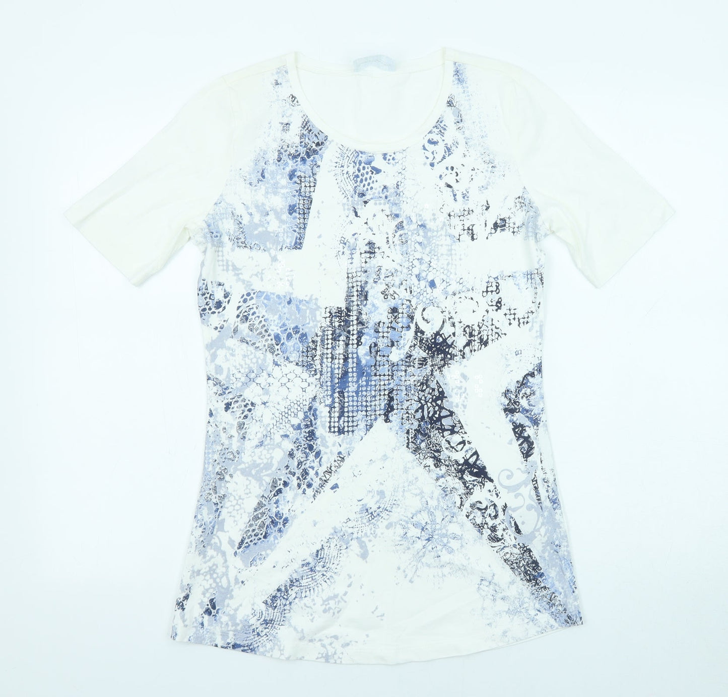 Betty Barclay Womens White Geometric Cotton Basic Blouse Size 10 Scoop Neck