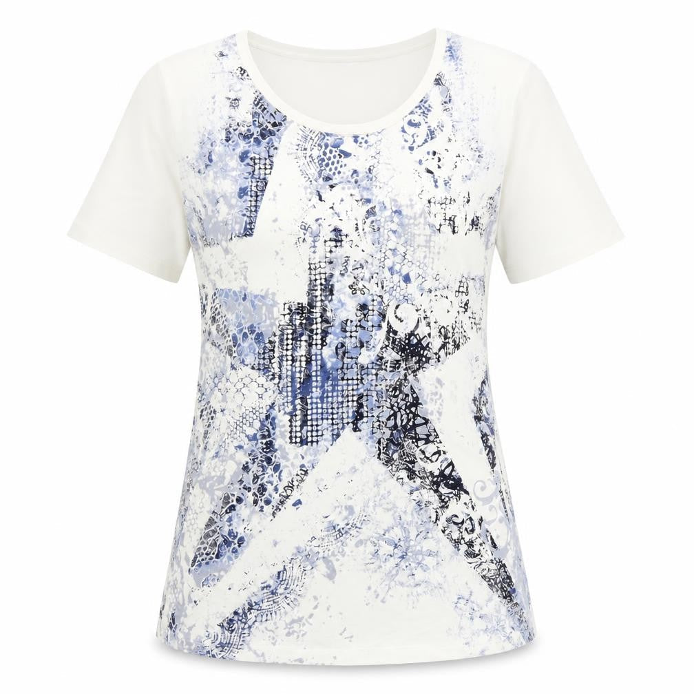 Betty Barclay Womens White Geometric Cotton Basic Blouse Size 10 Scoop Neck