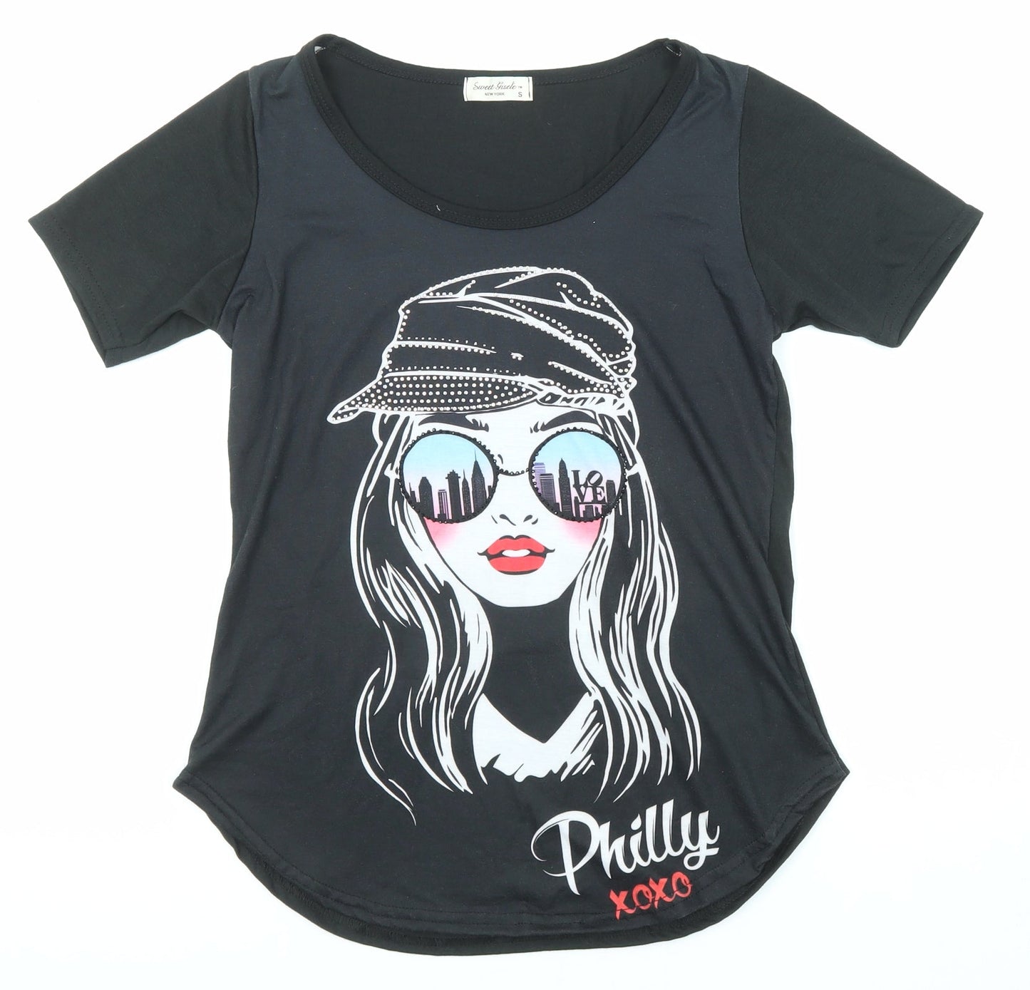 Sweet Gisele Womens Black Polyester Basic T-Shirt Size S Round Neck - Philly