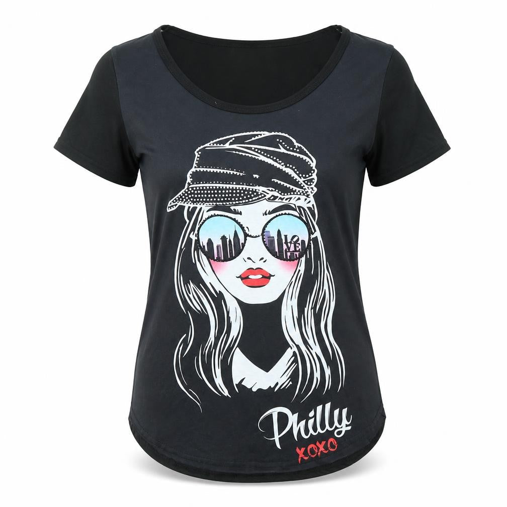 Sweet Gisele Womens Black Polyester Basic T-Shirt Size S Round Neck - Philly