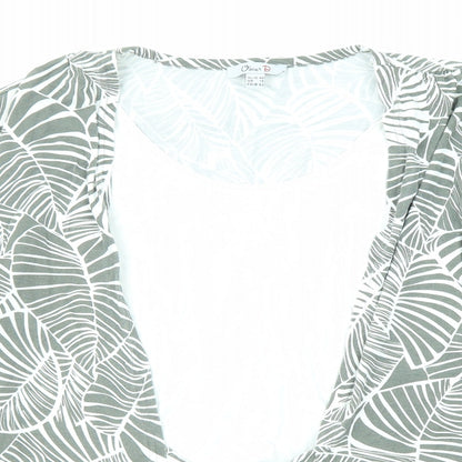 Close-up detail of Oscar B women’s grey geometric viscose basic blouse, size UK 14, v-neck - tie front
