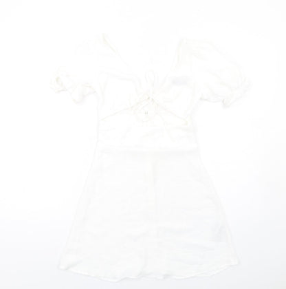 Additional front view of ASOS women’s white polyester a-line, size UK 8, v-neck zip