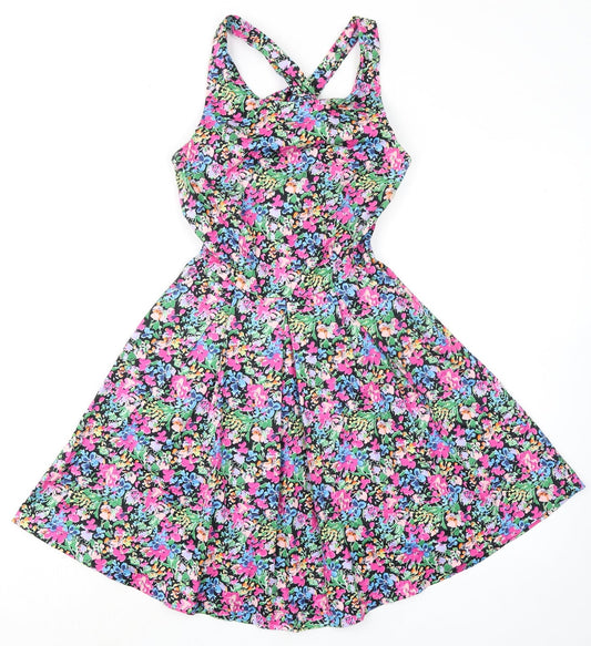 Louche Womens Multicoloured Floral Cotton Fit & Flare Size 8 Square Neck Zip