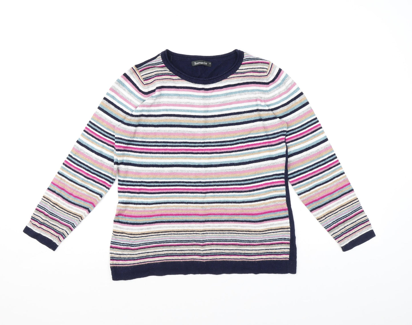 Bonmarché Womens Multicoloured Round Neck Striped Cotton Pullover Jumper Size S