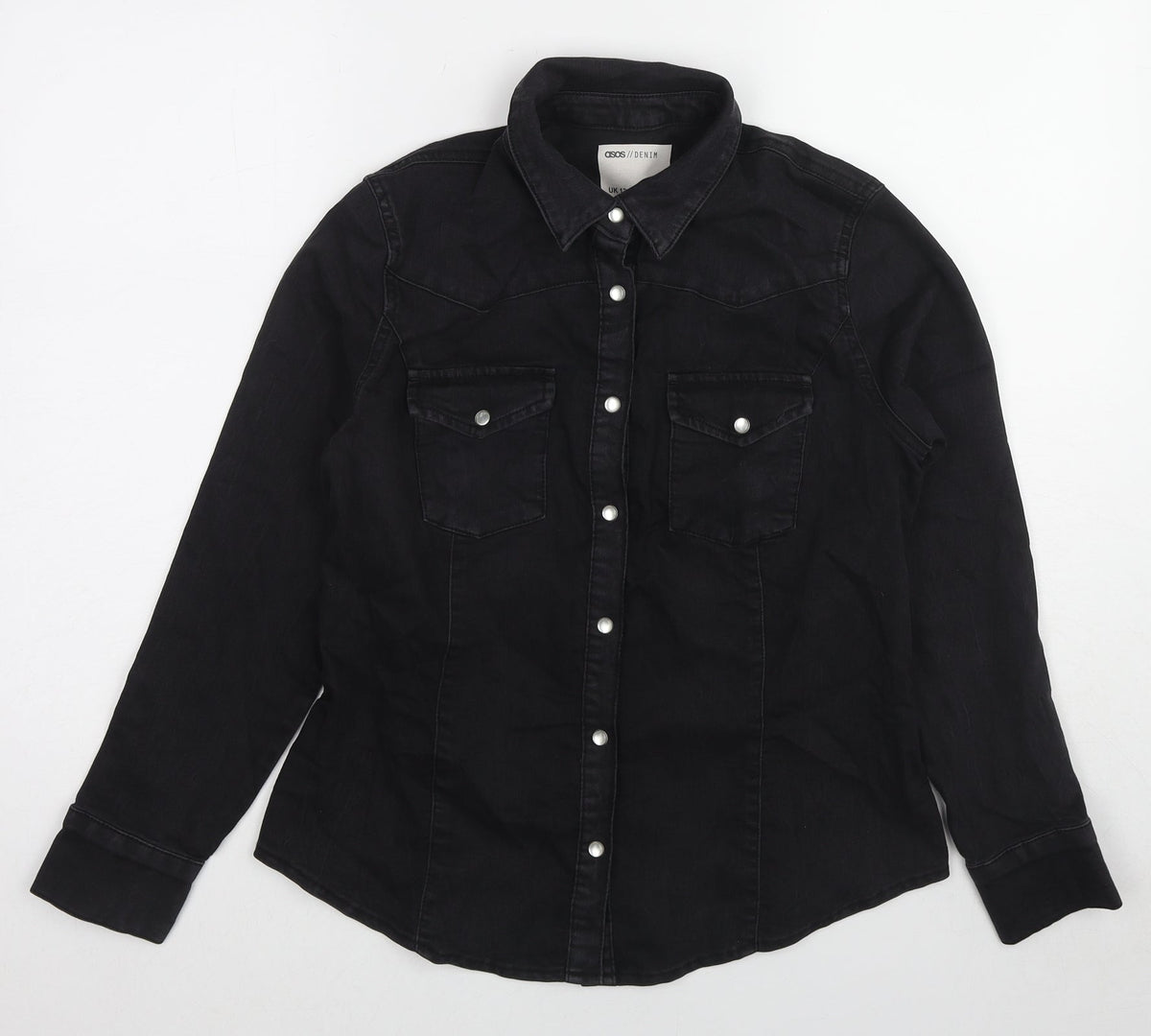 Additional front view of ASOS women’s black jacket, size UK 12, snap