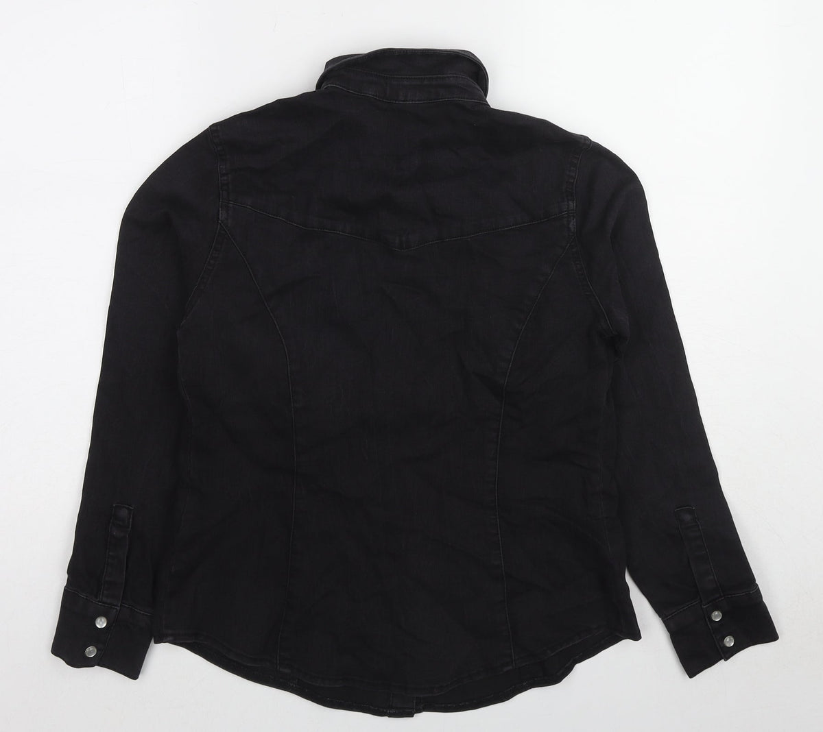 Back view of ASOS women’s black jacket, size UK 12, snap