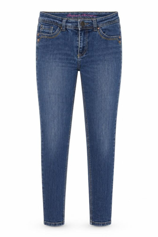 Front view of Denim & Co. women’s blue cotton skinny jeans, size UK 8, 29-inch leg regular zip