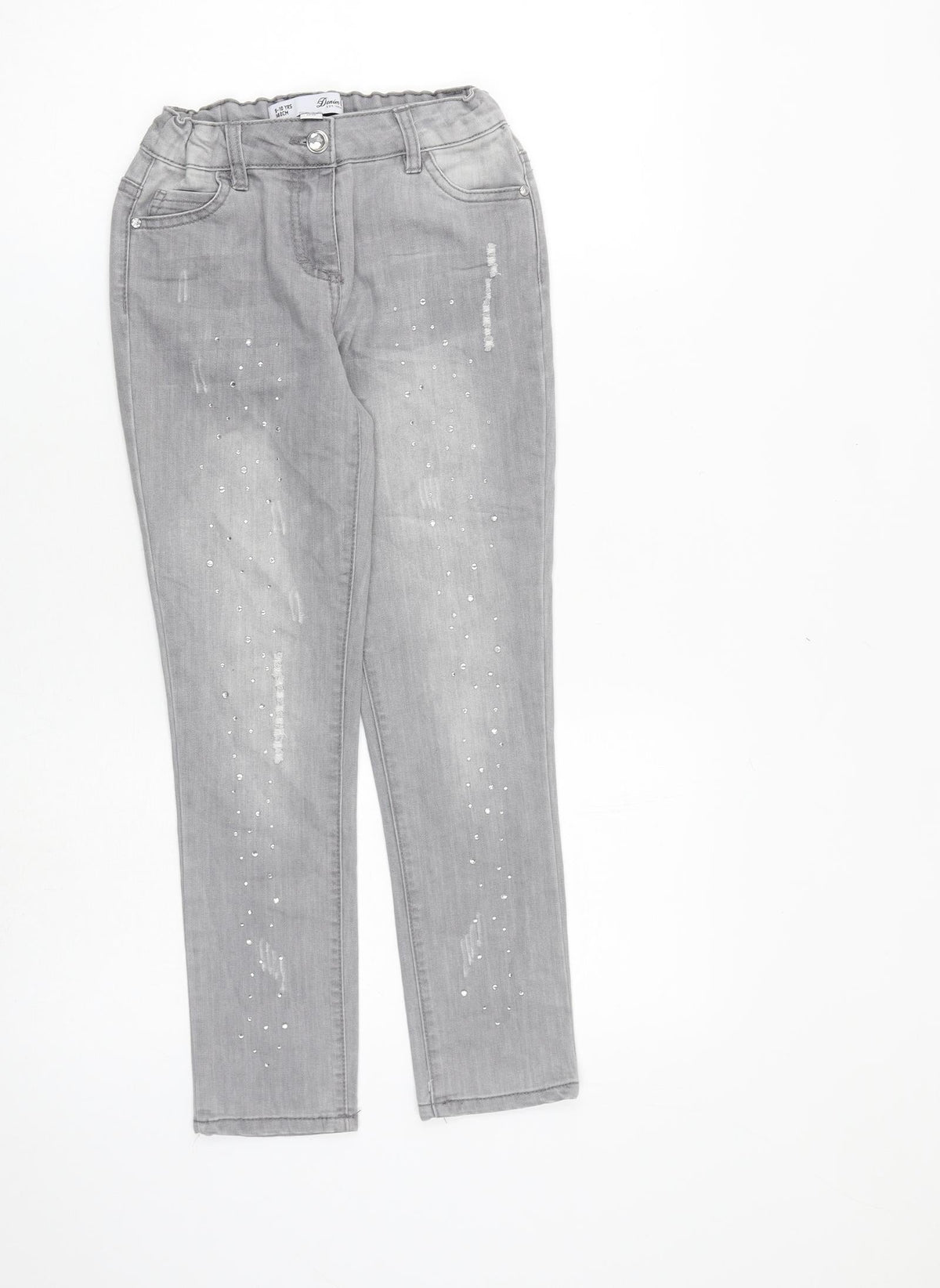 Additional front view of Denim & Co. girls’ grey cotton skinny jeans, size 9-10, years, 23-inch leg regular zip - distressed