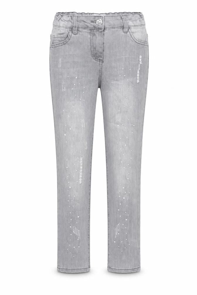 Front view of Denim & Co. girls’ grey cotton skinny jeans, size 9-10, years, 23-inch leg regular zip - distressed