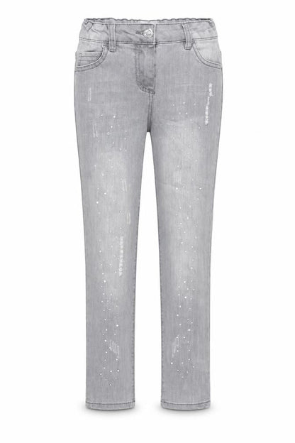 Front view of Denim & Co. girls’ grey cotton skinny jeans, size 9-10, years, 23-inch leg regular zip - distressed