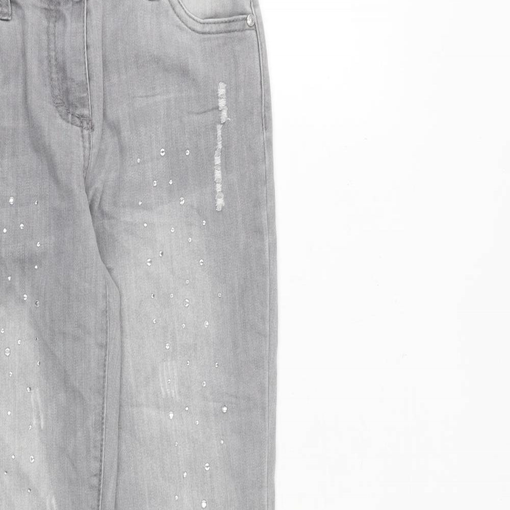Close-up detail of Denim & Co. girls’ grey cotton skinny jeans, size 9-10, years, 23-inch leg regular zip - distressed