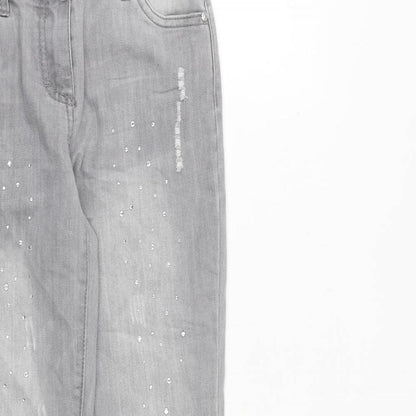 Close-up detail of Denim & Co. girls’ grey cotton skinny jeans, size 9-10, years, 23-inch leg regular zip - distressed