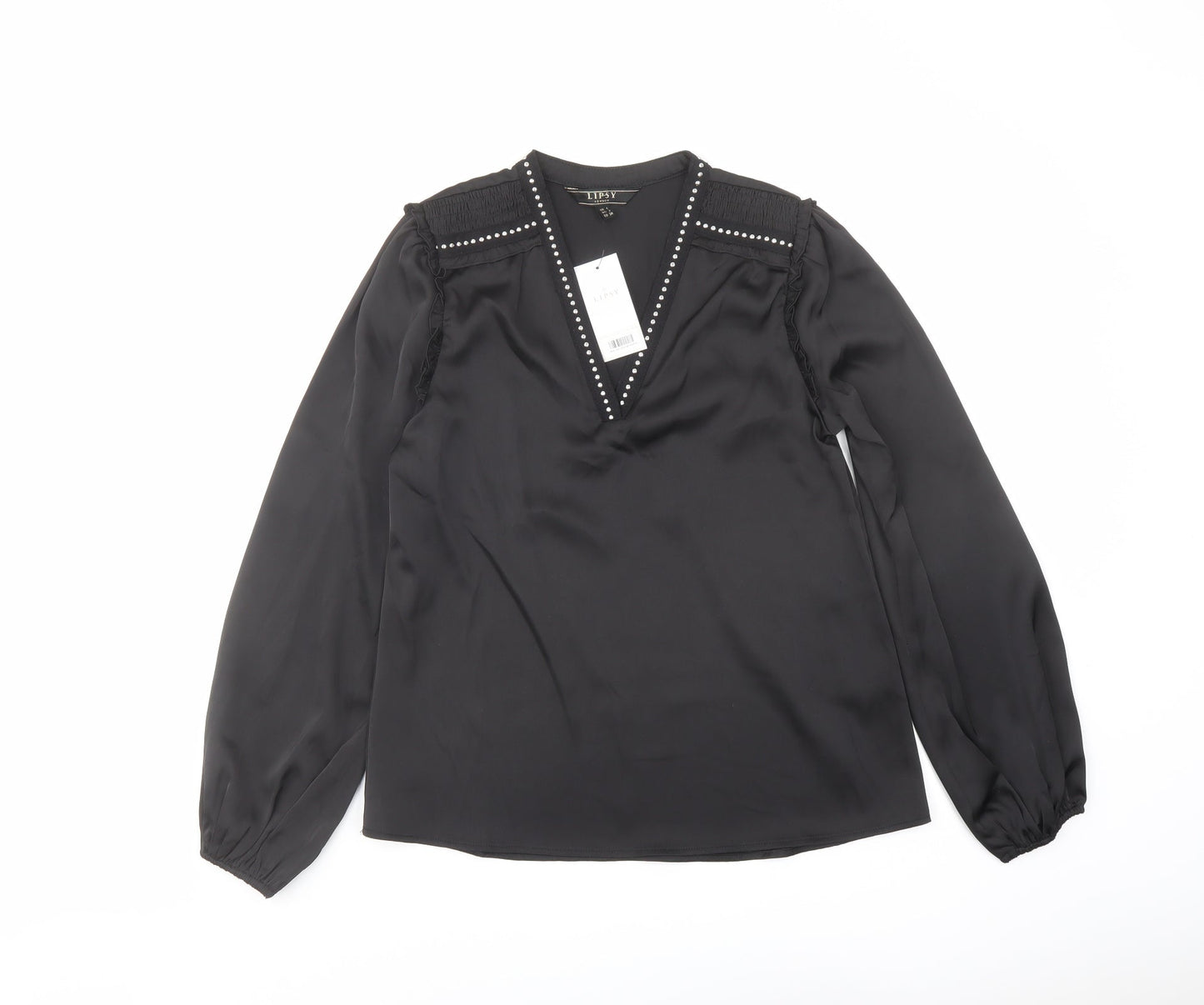 Lipsy Womens Black Polyester Basic Blouse Size 6 V-Neck - Embellished