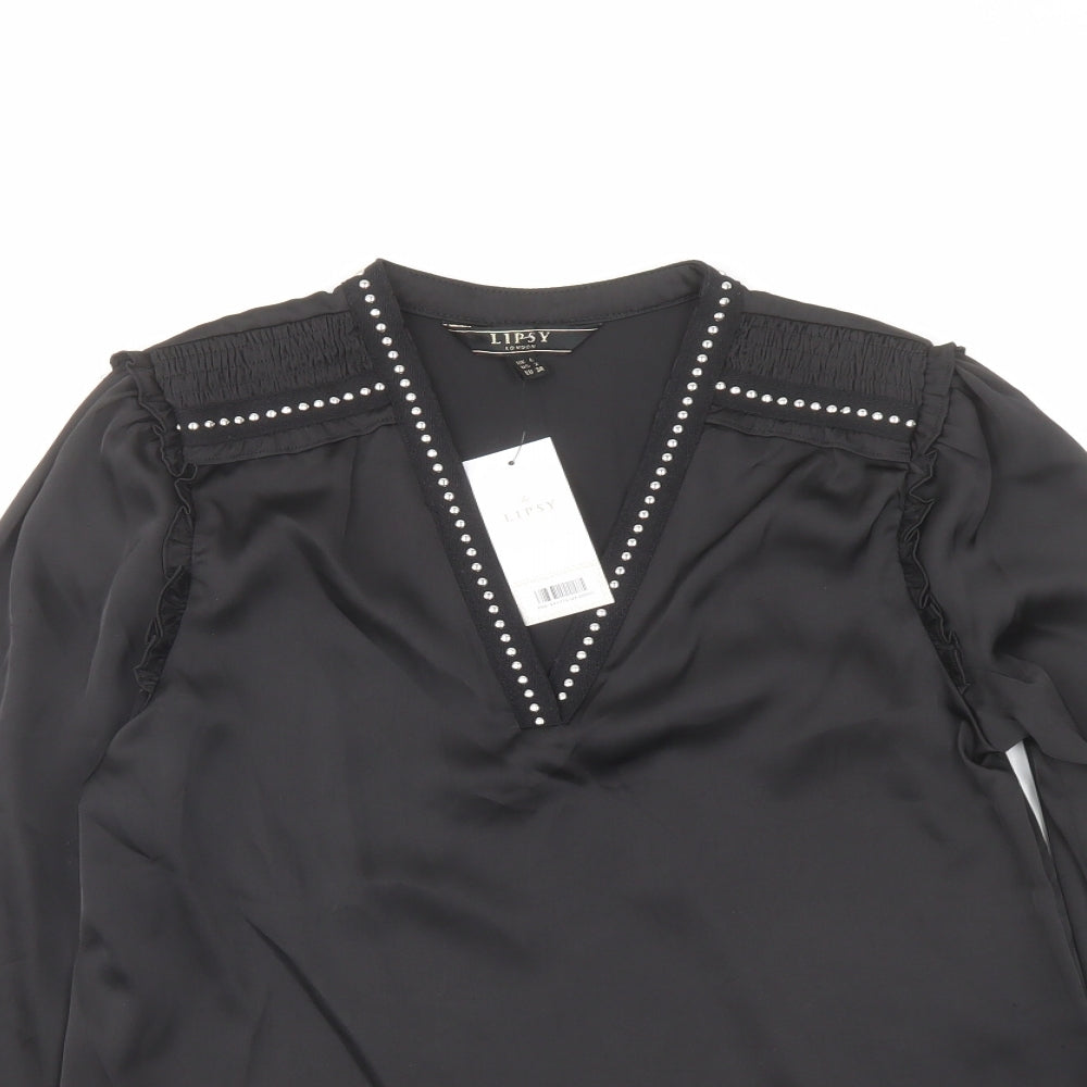 Lipsy Womens Black Polyester Basic Blouse Size 6 V-Neck - Embellished