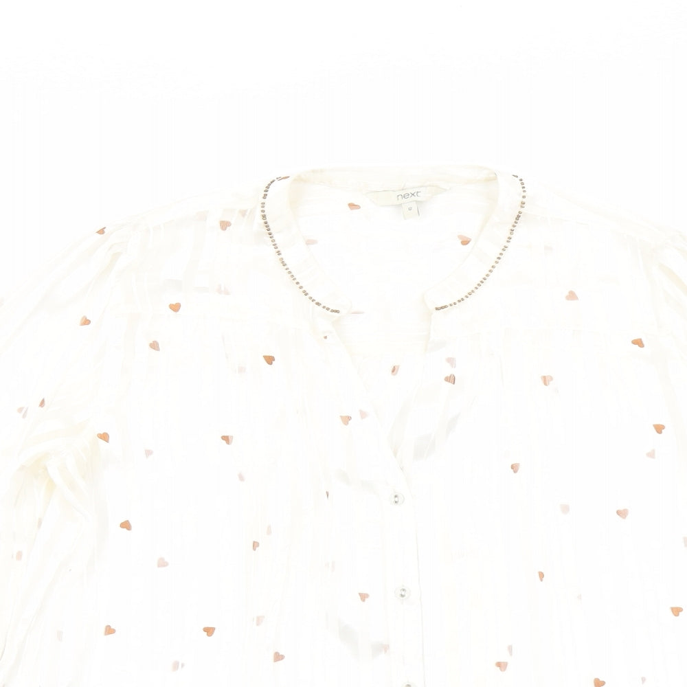 NEXT Womens Ivory Geometric Polyester Basic Blouse Size 12 Round Neck - Heart Print