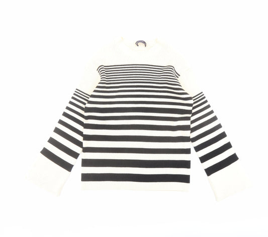 Marks and Spencer Womens Beige Round Neck Striped Acrylic Pullover Jumper Size M