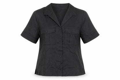 Front view of Autograph women’s black linen basic button-up, size UK 6, collared