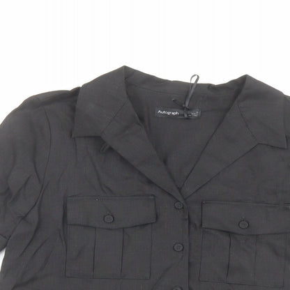 Close-up detail of Autograph women’s black linen basic button-up, size UK 6, collared