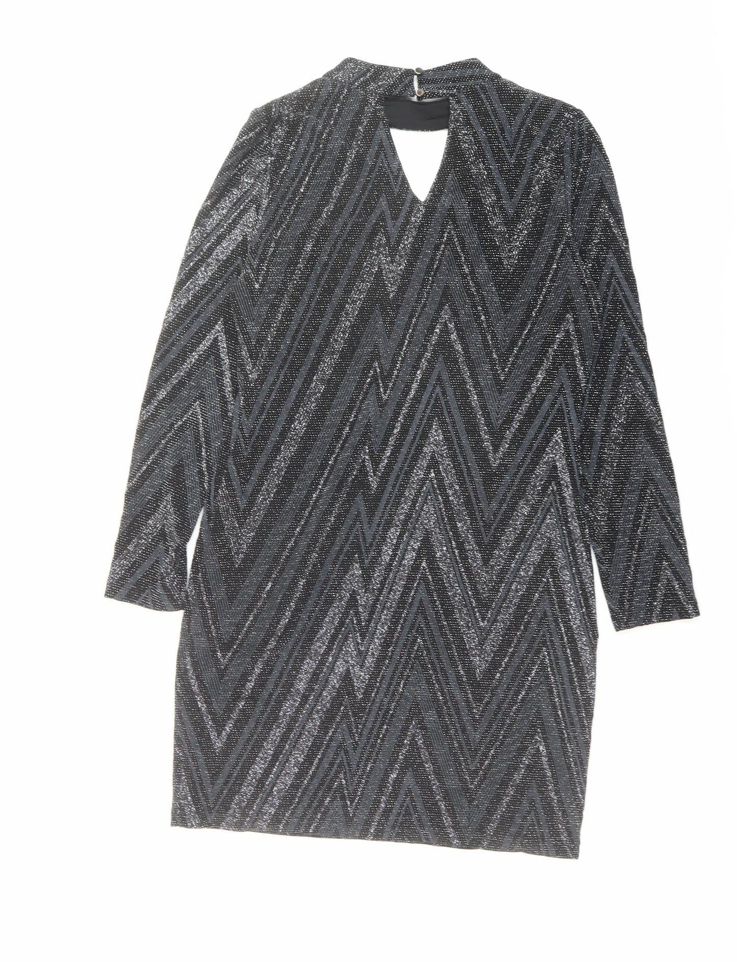 Oasis Womens Black Geometric Polyamide A-Line Size M Round Neck Button