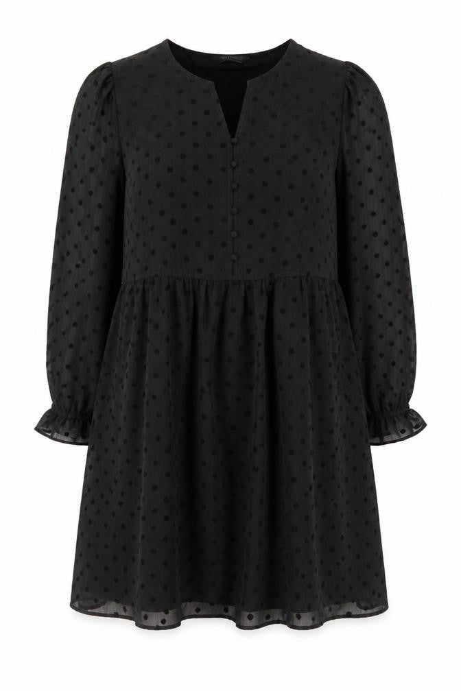 Marks & Spencer Womens Black Polka Dot Polyester A-Line Size 12 V-Neck Button