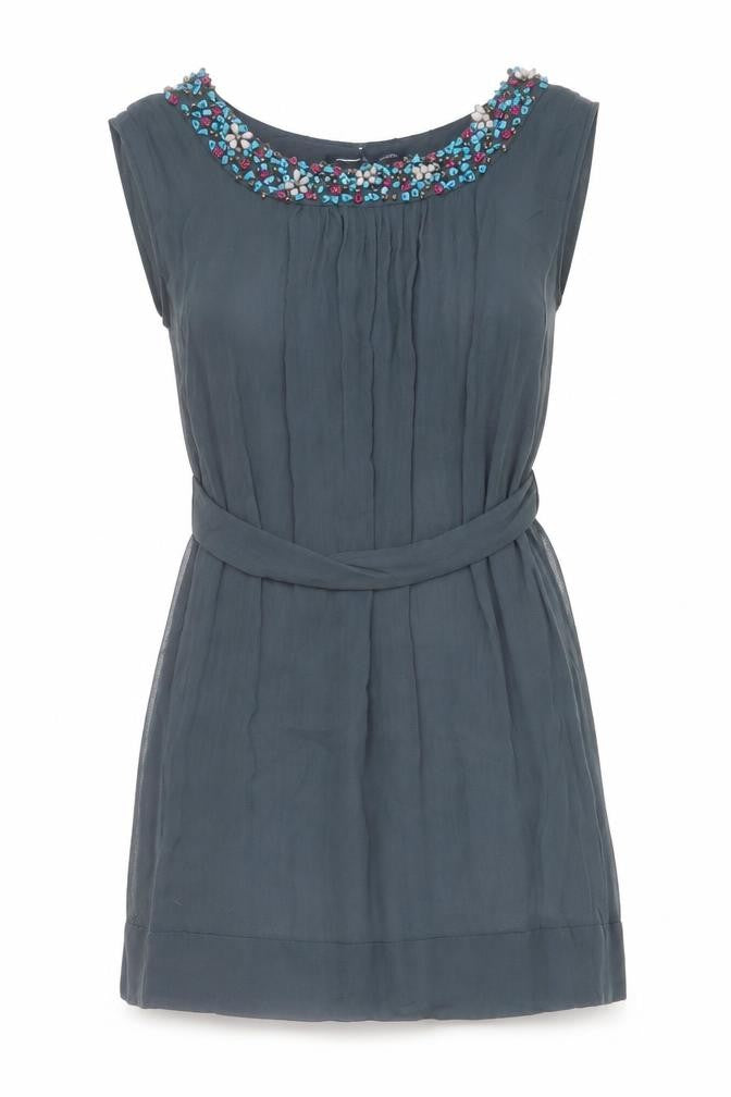 French Connection Womens Blue Silk Basic Blouse Size 10 Boat Neck - Embellished