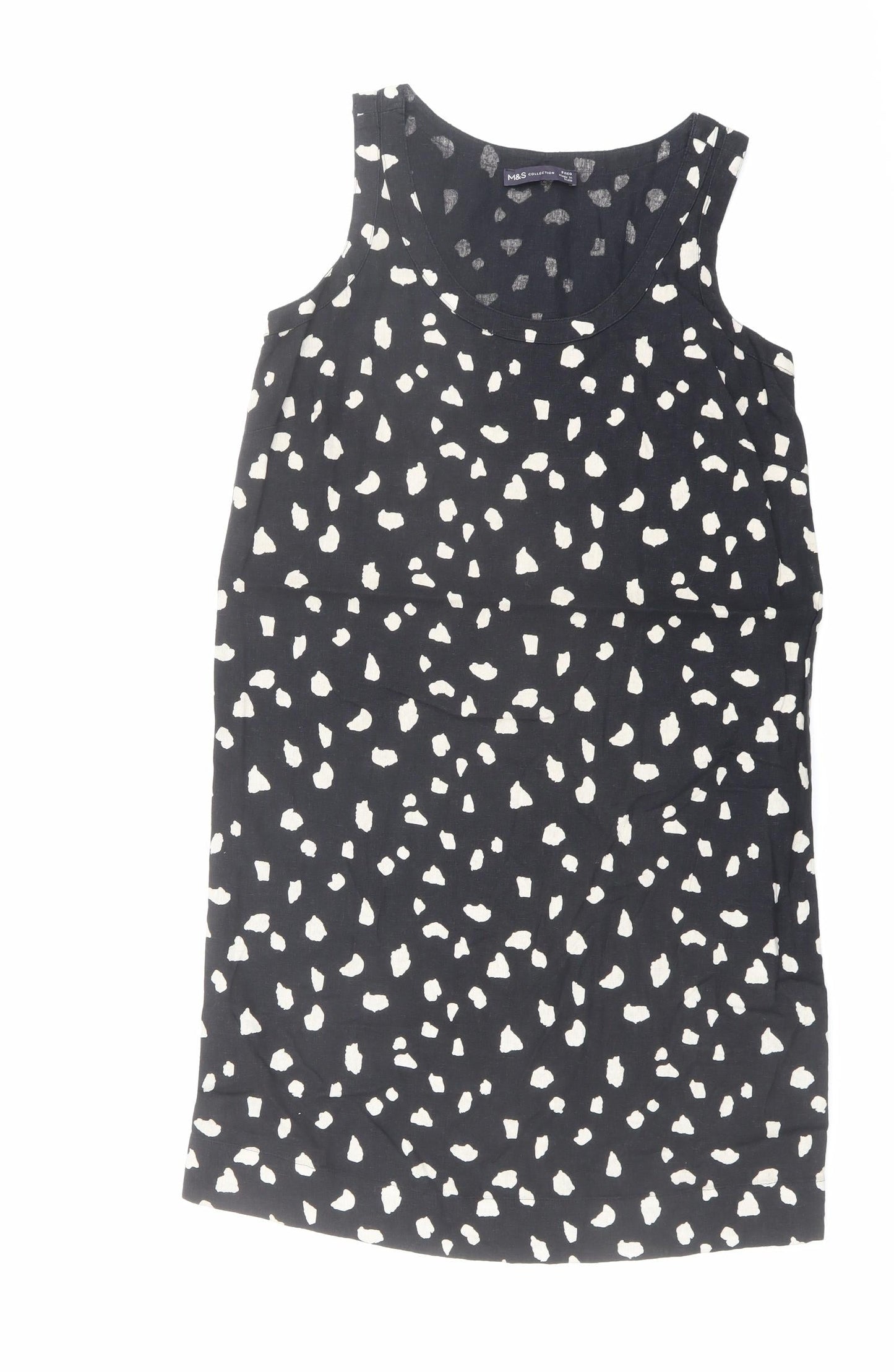 Marks and Spencer Womens Black Geometric Linen Tank Dress Size 8 Scoop Neck Pullover