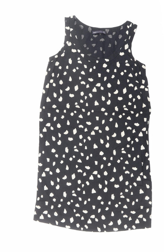 Marks and Spencer Womens Black Geometric Linen Tank Dress Size 8 Scoop Neck Pullover