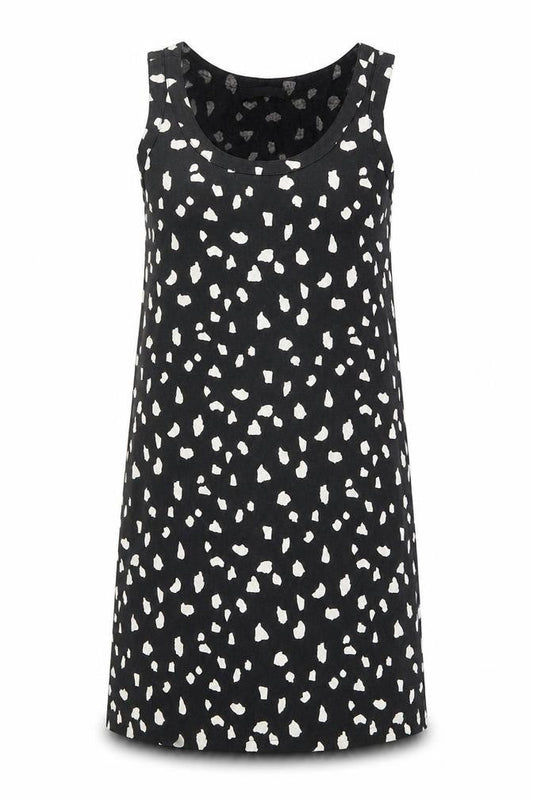 Marks & Spencer Womens Black Geometric Linen Tank Dress Size 8 Scoop Neck Pullover