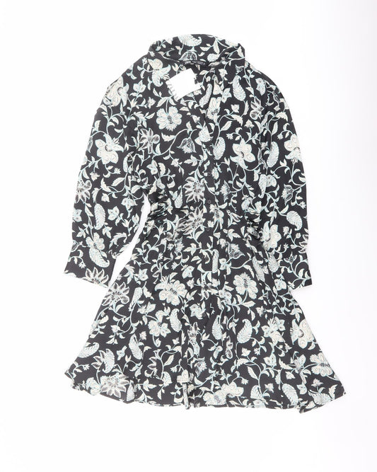 Zara Womens Black Floral Polyester A-Line Size XS Collared Button