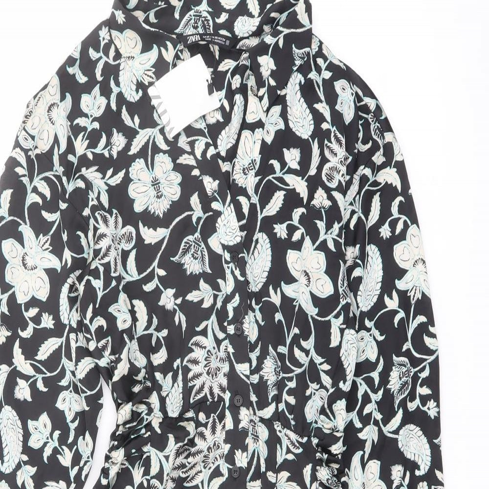Zara Womens Black Floral Polyester A-Line Size XS Collared Button