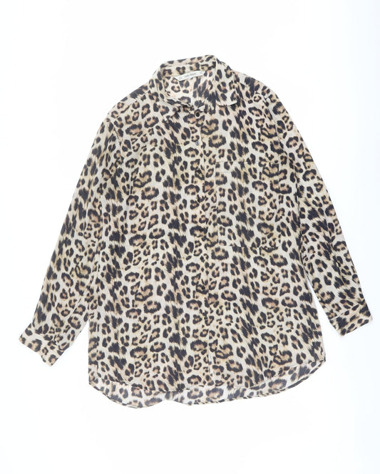 Zara Womens Brown Animal Print Polyester Tunic Button-Up Size S Collared - Leopard Print
