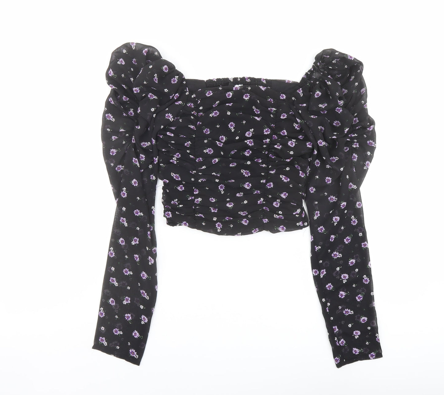 H&M Womens Black Floral Polyester Cropped Blouse Size 4 Square Neck - Ruched Sleeves