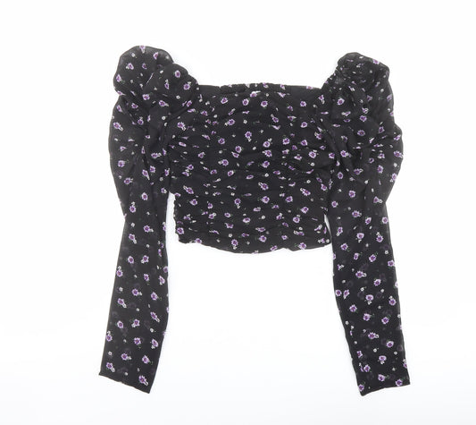 H&M Womens Black Floral Polyester Cropped Blouse Size 4 Square Neck - Ruched Sleeves