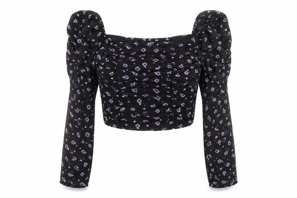 H&M Womens Black Floral Polyester Cropped Blouse Size 4 Square Neck - Ruched Sleeves