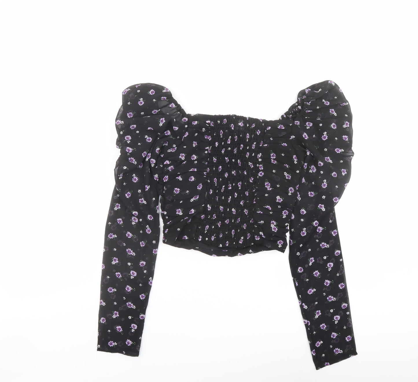 H&M Womens Black Floral Polyester Cropped Blouse Size 4 Square Neck - Ruched Sleeves